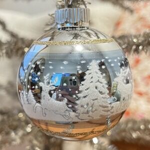 3"‎ Radko Shiny Brite Stenciled Flocked Ornament Reindeer Winter Tree Blue Gold